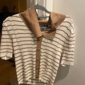 Tan and White Striped Knit Polo Shirt